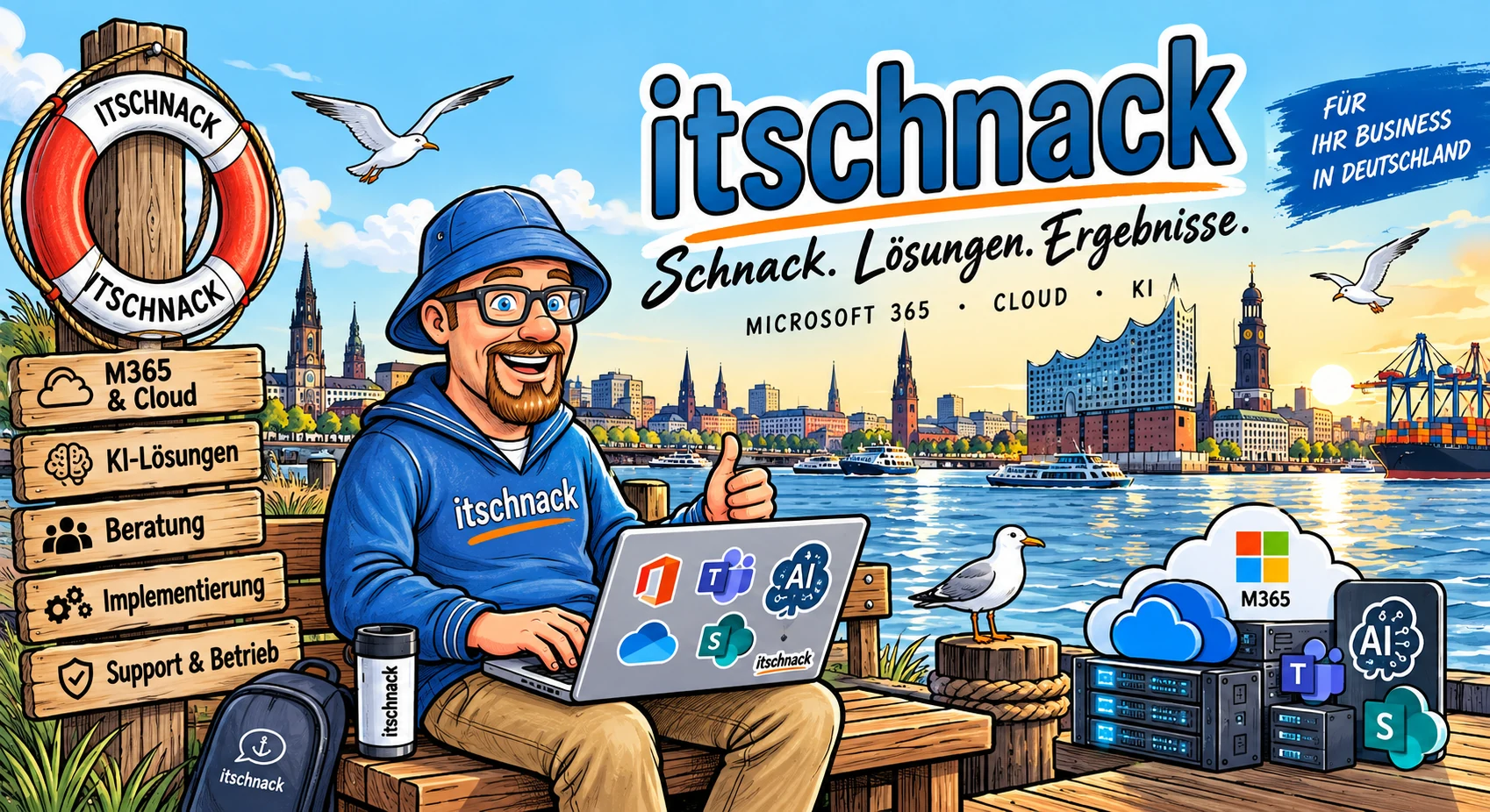 Illustration von itschnack mit Leuchtturm, Küste und IT-Infrastruktur